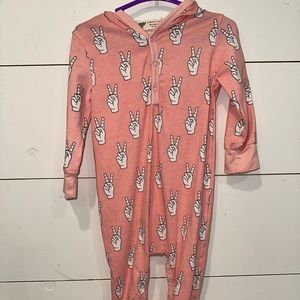 Monica and Andy peace sign hooded romper